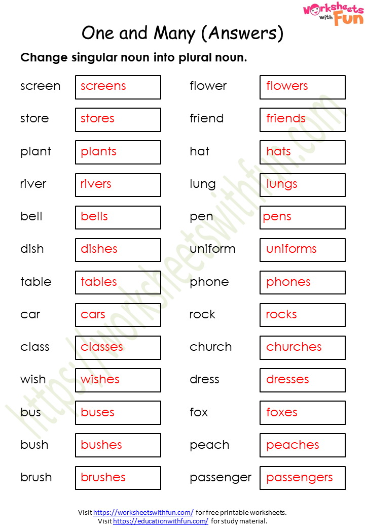 plural noun worksheet - english class 1 one and many singular and
